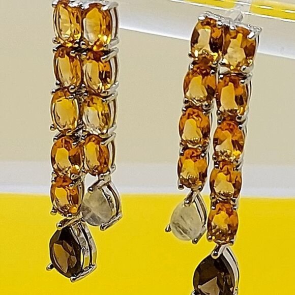 Natural Smoky Quartz 10x7mm, Citrine & Moonstone 925 Sterling Silver Earrings‎ - Picture 2 of 6
